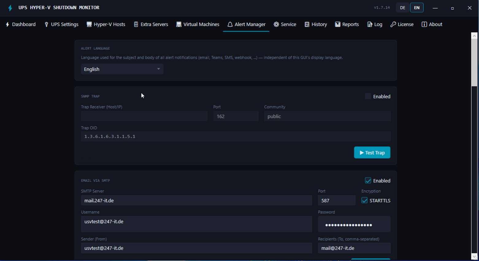 Alerts tab with configured notification channels such as email, Teams, SMS and webhook