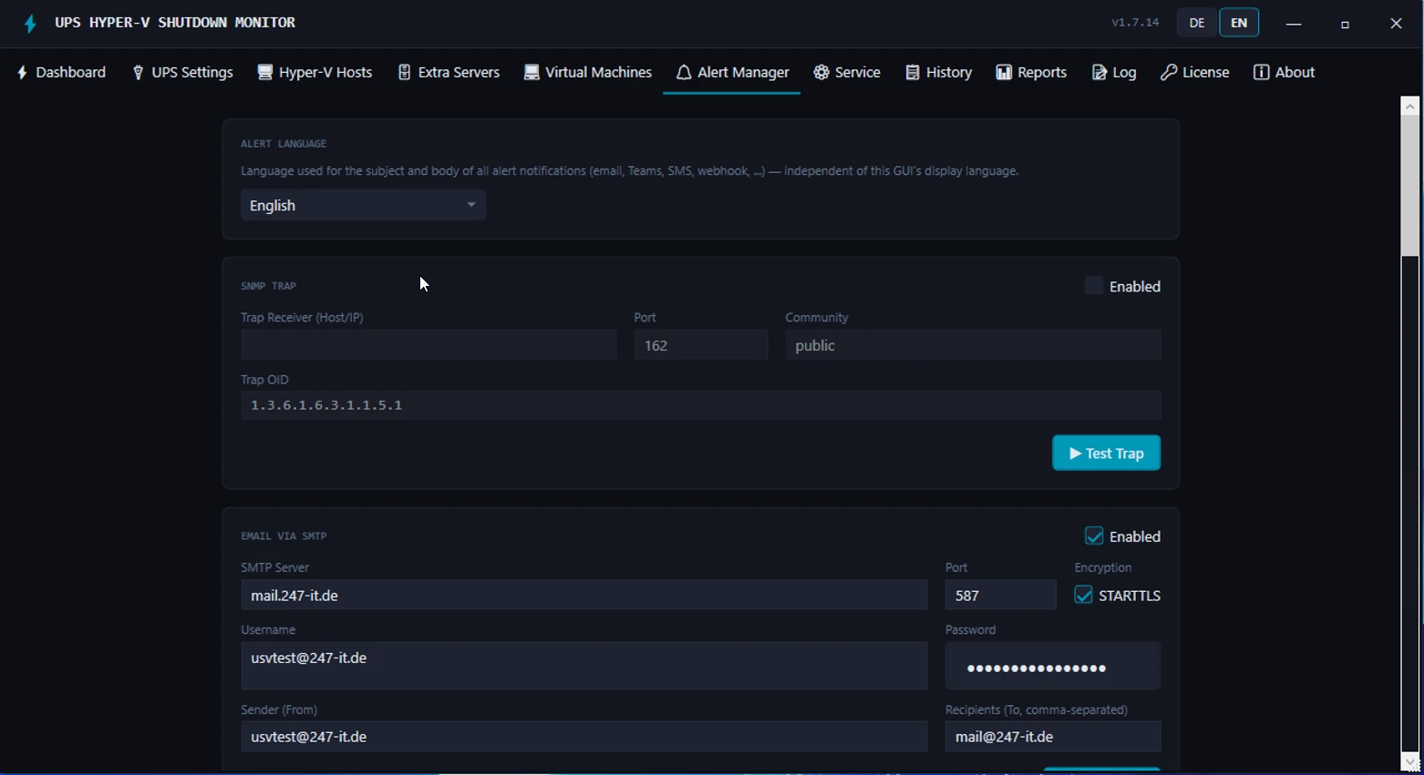 Alerts tab with configured notification channels such as email, Teams, SMS and webhook