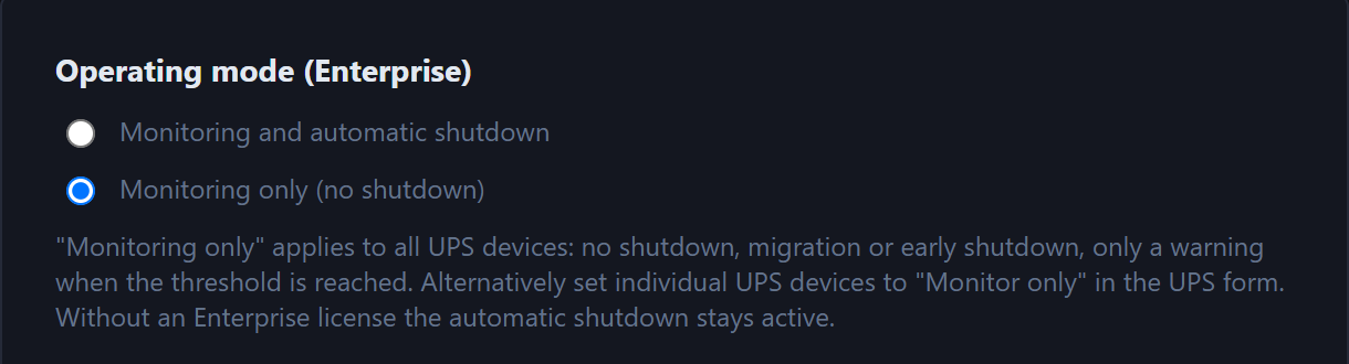 Setting “Operating mode (Enterprise)” on the service page with the options “Monitoring and automatic shutdown” and “Monitoring only (no shutdown)”
