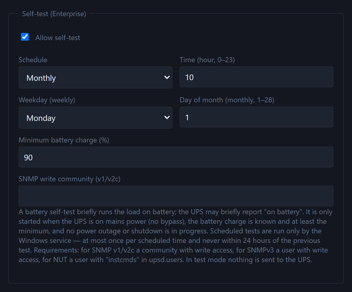 Section “Self-test (Enterprise)” in the UPS settings: allow self-test, monthly schedule at 10:00 on day 1, minimum battery charge 90 percent and SNMP write community