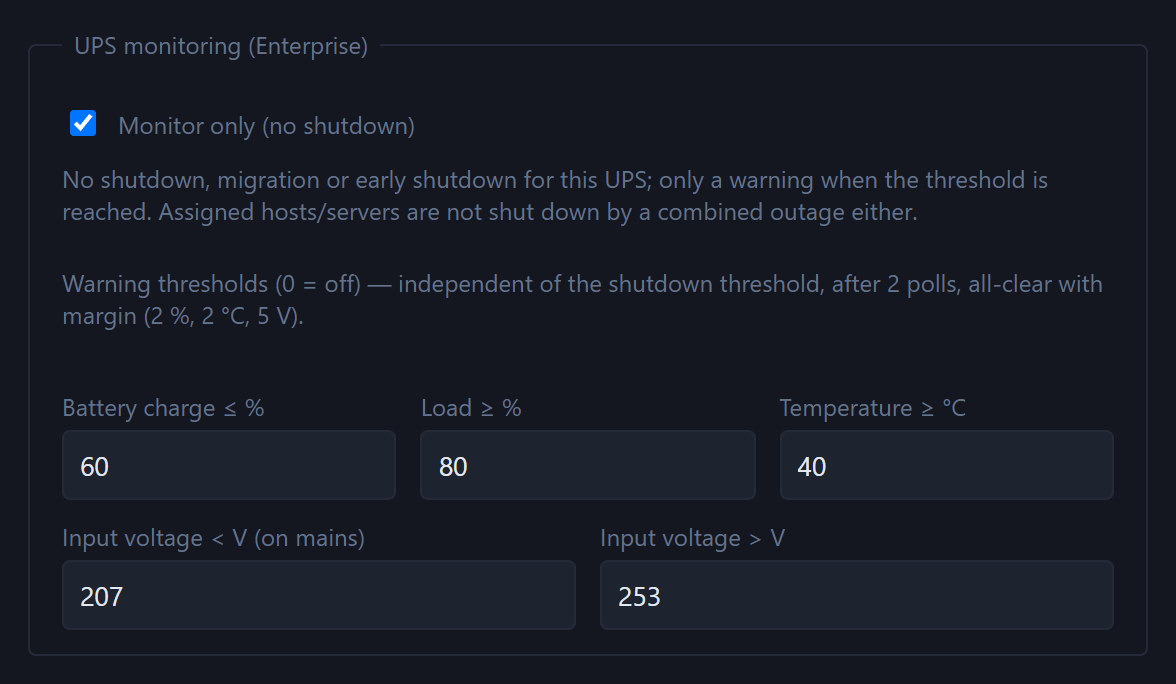 Section “UPS monitoring (Enterprise)” in the UPS settings: “Monitor only (no shutdown)” checkbox and warning thresholds for battery charge, load, temperature and input voltage