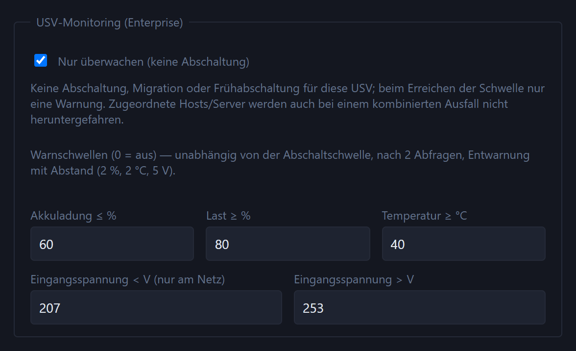 Abschnitt „USV-Monitoring (Enterprise)“ in den USV-Einstellungen: Haken „Nur überwachen (keine Abschaltung)“ und Warnschwellen für Akkuladung, Last, Temperatur und Eingangsspannung