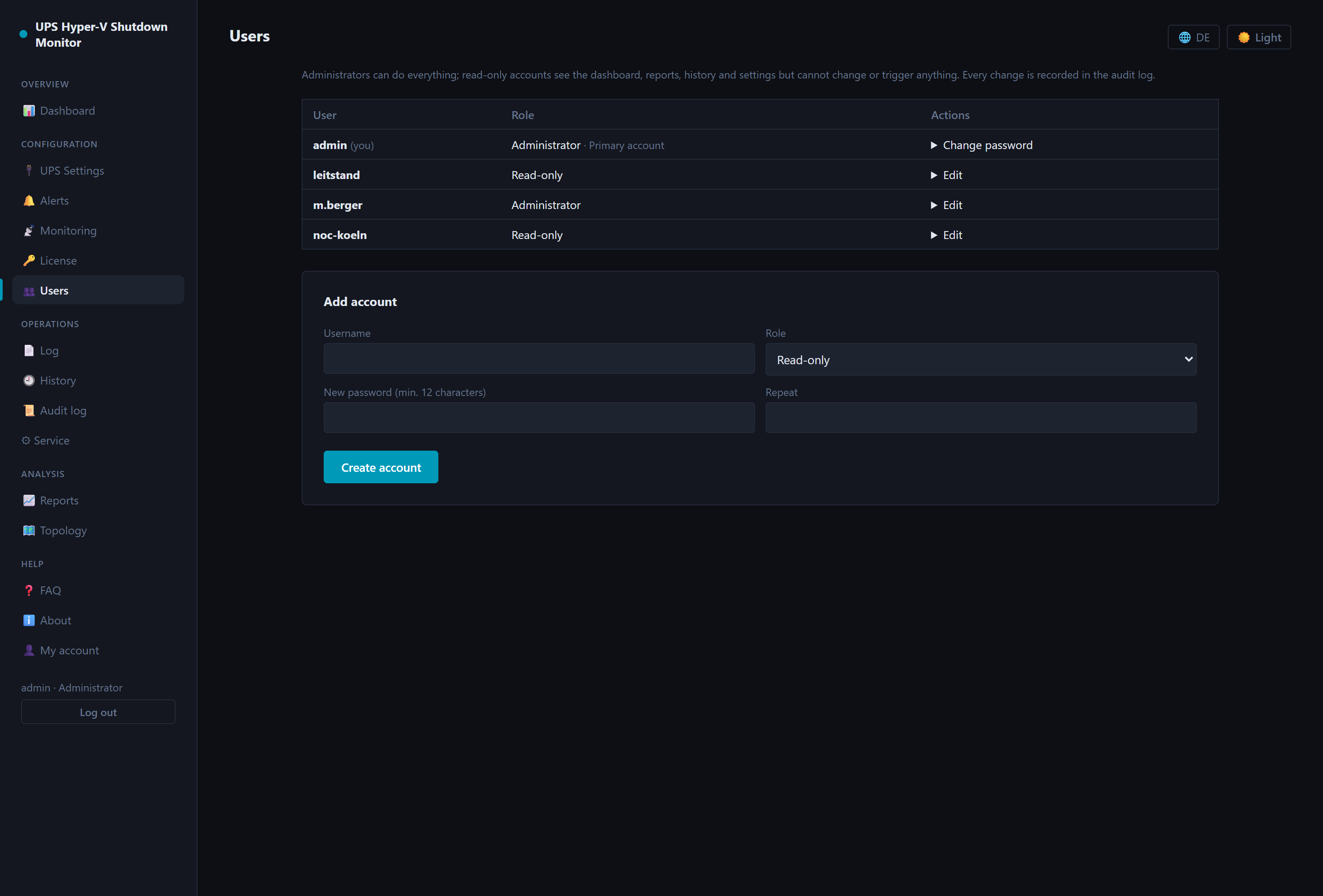 Users page of the remote web interface: primary account, additional accounts with the roles administrator and read-only, form to add an account